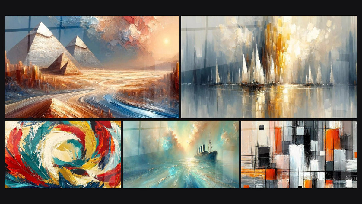 Mosaïque de cinq tableaux, dont Mirage Égyptien, Métamorphose Cosmique et Au Cœur de la Brise