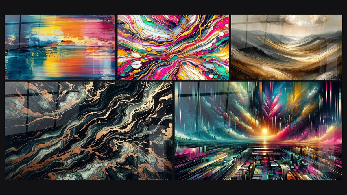 Mosaïque de cinq tableaux, dont Abstrait coloré, Flux Aurifère et Cascades Chromatiques