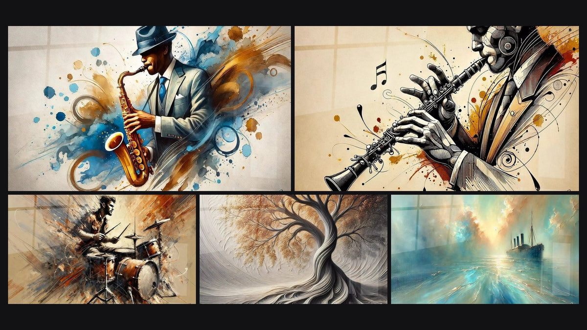 Mosaïque de cinq tableaux, dont Jazz N°2, Clarinette N°1 et Batterie N°2