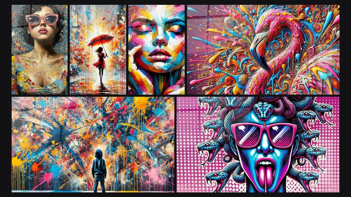 Mosaïque de six tableaux, dont Pop Art, Éclats de Peinture et Pluie de Couleurs