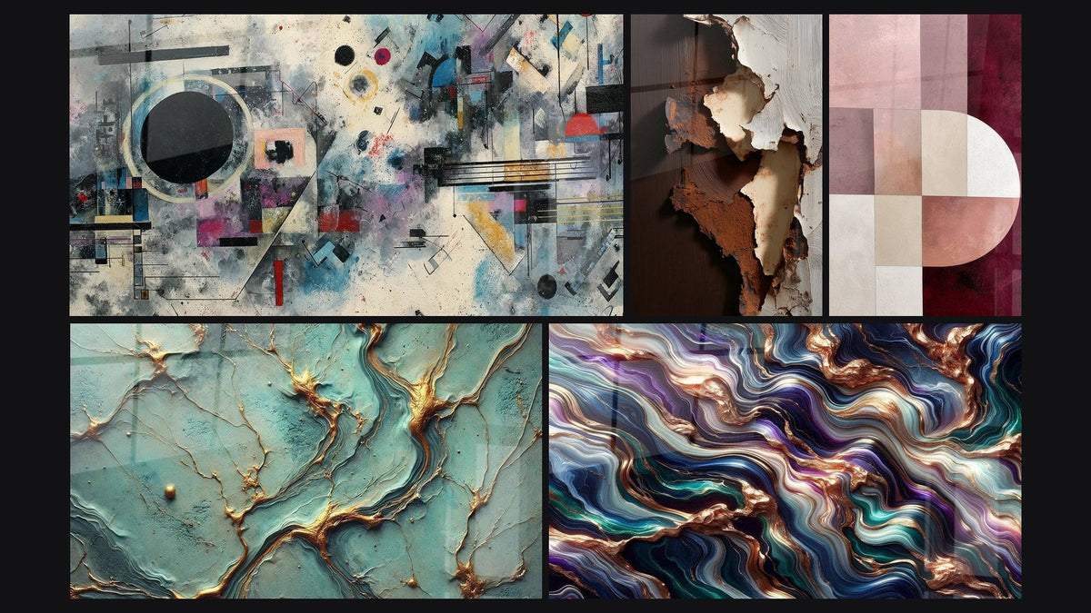 Mosaïque de cinq tableaux, dont Composition abstraite géométrique et Abstrait écorces et fissures blanches ocre