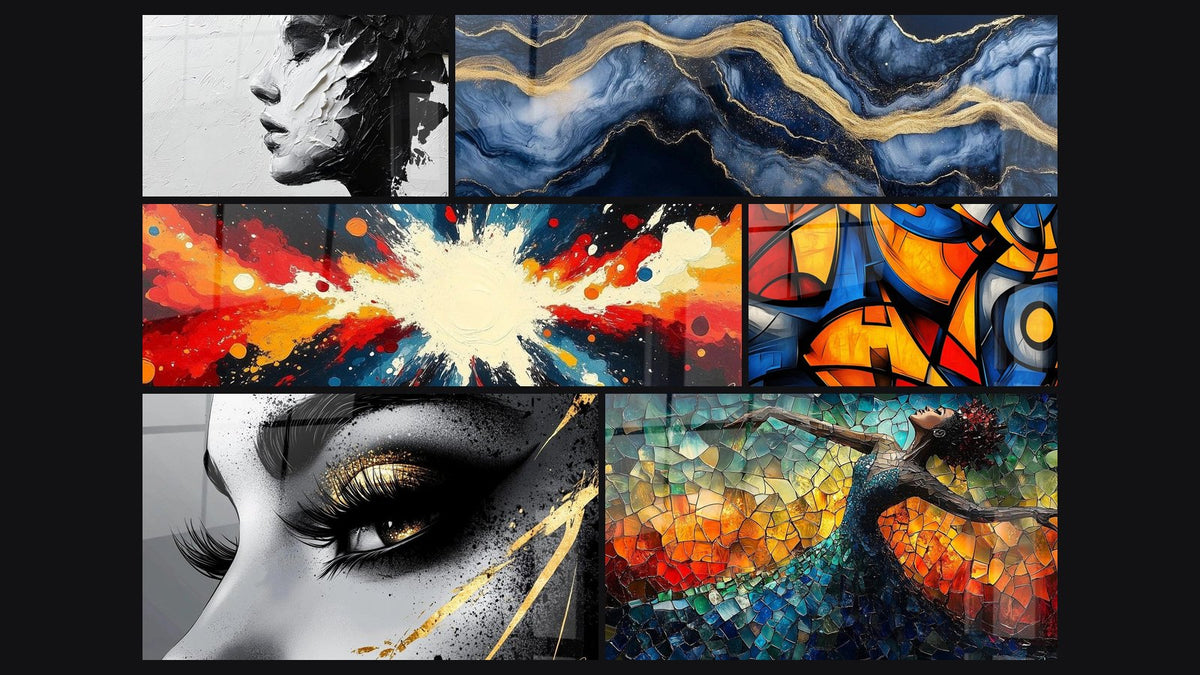 Mosaïque de six tableaux, dont Portrait Femme Expressif, Big Bang Artistique et Formes géométriques colorées