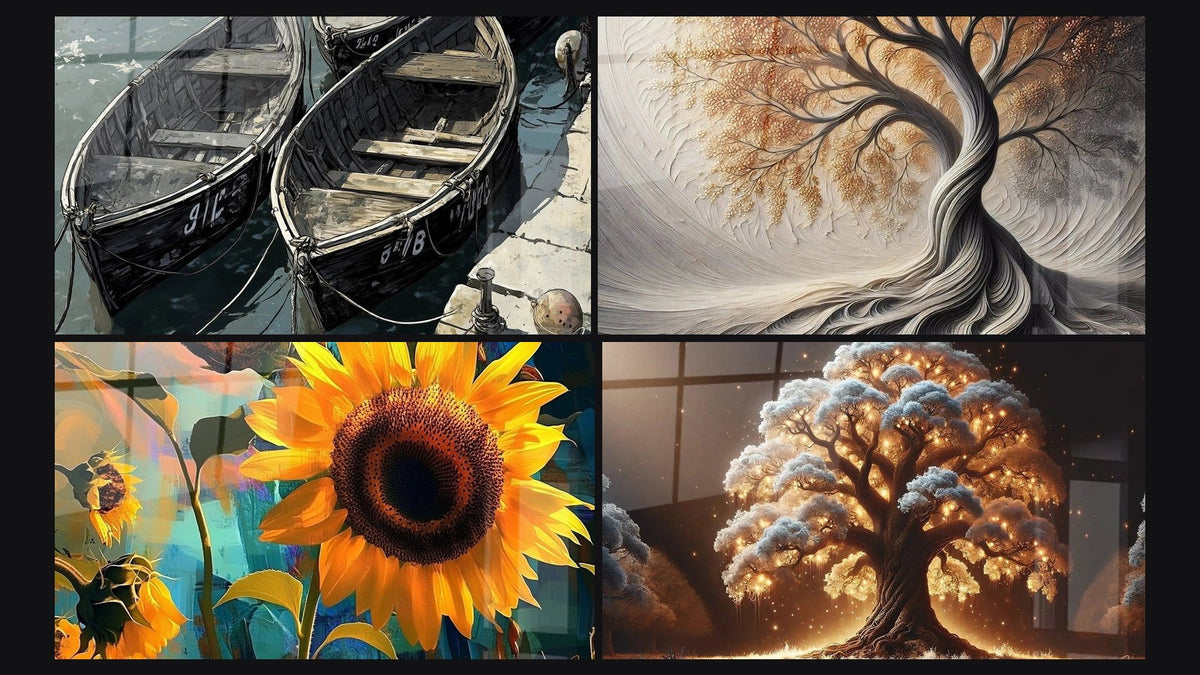 Mosaïque de quatre tableaux, dont Port N°2, Tournesol N°1 et Souffle de la Terre