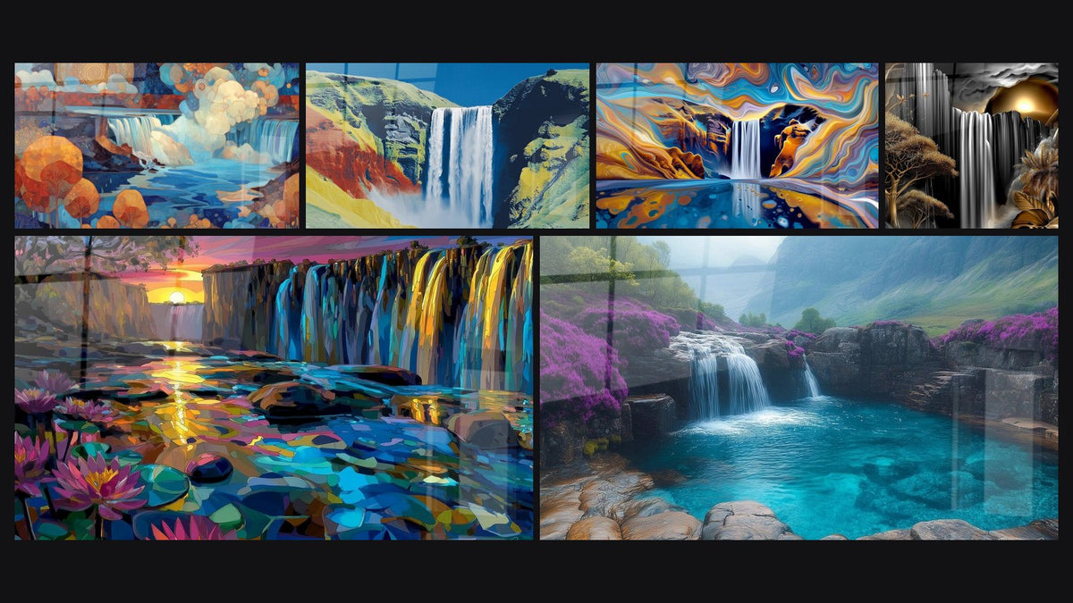 Mosaïque de six tableaux, dont Cascade stylisée, Cascade colorée surréaliste et Cascade abstraite