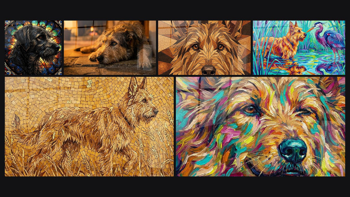 Mosaïque de six tableaux, dont Chien Couché aux Tons Dorés et Portrait Géométrique aux Tons Chauds