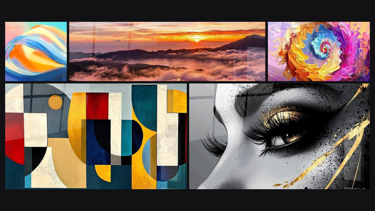Mosaïque de cinq tableaux, dont Vagues abstraites, Lever de Soleil au-dessus des Nuages Dorés et Spirale colorée multicolore