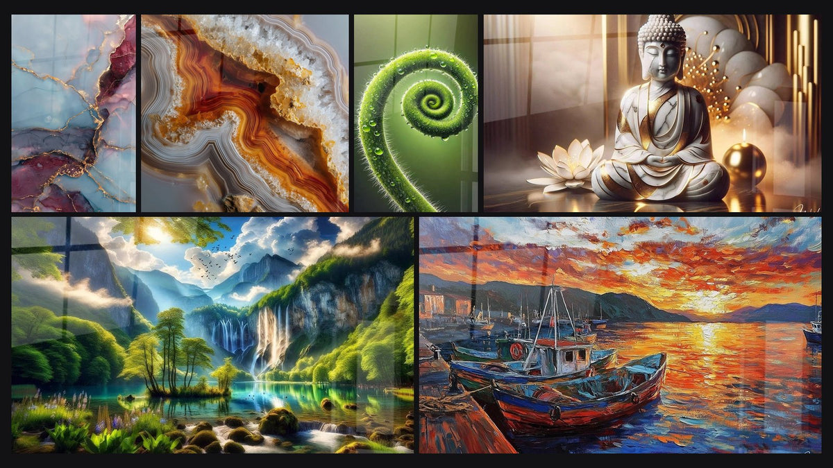 Mosaïque de six tableaux, dont Spirale de Vie, Paix Marbrée et Éden Vert aux Mille Cascades