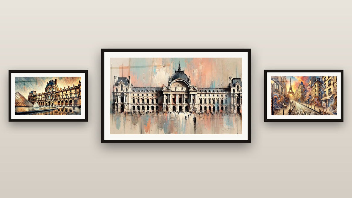 Mur de galerie avec trois tableaux encadrés : Louvre N°4, Paris N°3 et Palais de Tokyo N°1