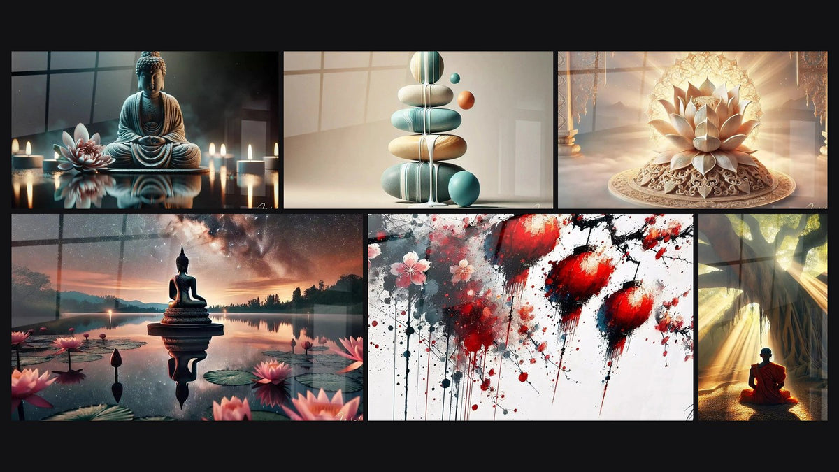 Mosaïque de six tableaux, dont Méditation Paisible, Nuit Étoilée et Équilibre Pastel
