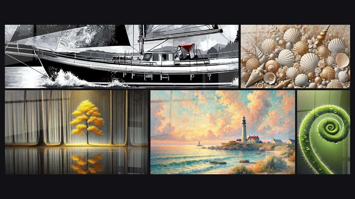 Mosaïque de cinq tableaux, dont Joyaux des Sables, Tranquillité Éternelle et Aube sur le Phare