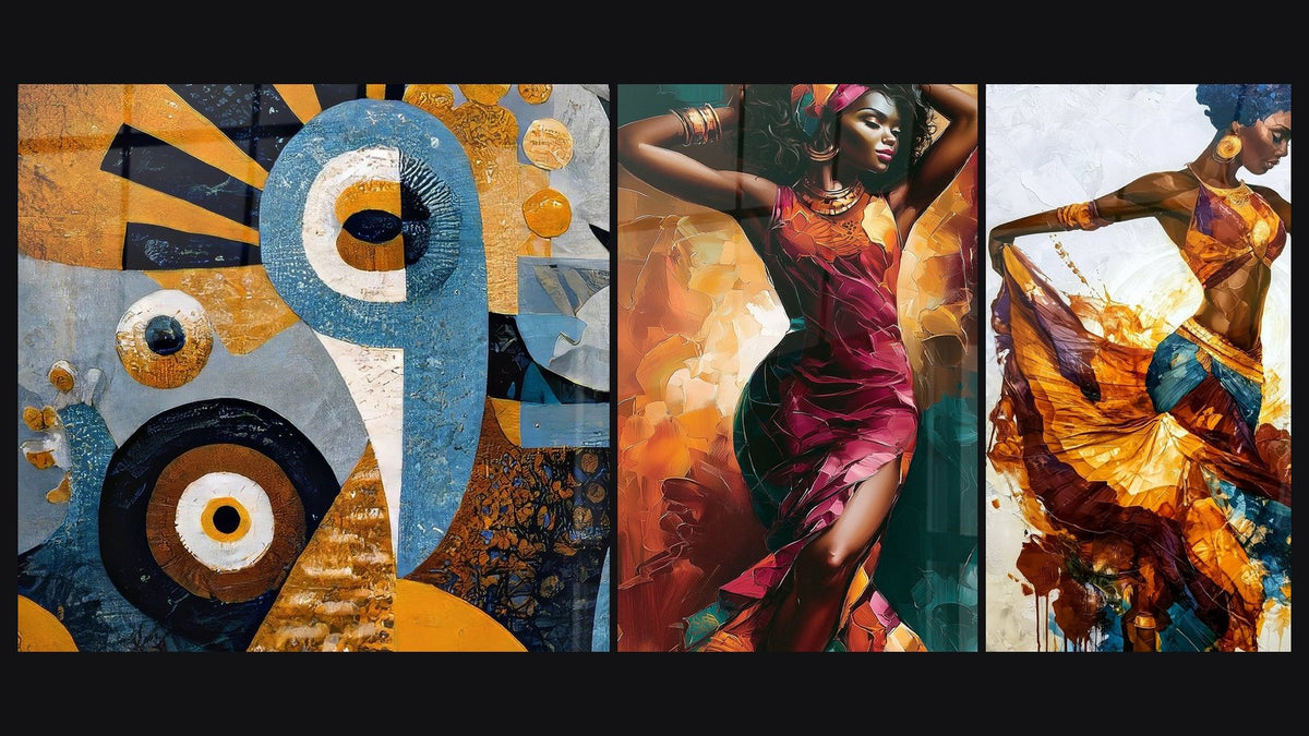 Mosaïque de trois tableaux, dont Art abstrait africain et Danseuse robe bordeaux et fond ocre