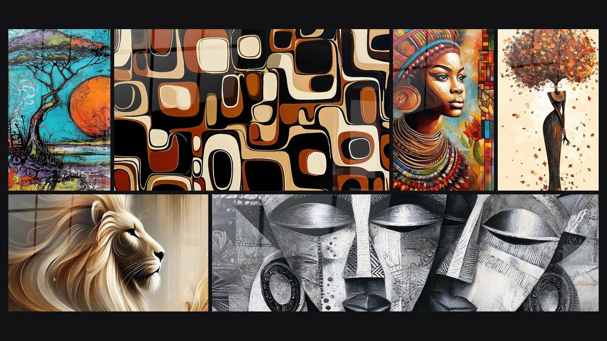 Mosaïque de six tableaux, dont Acacia Racines du Temps, Formes Géométriques et L'Éclat de l'Afrique