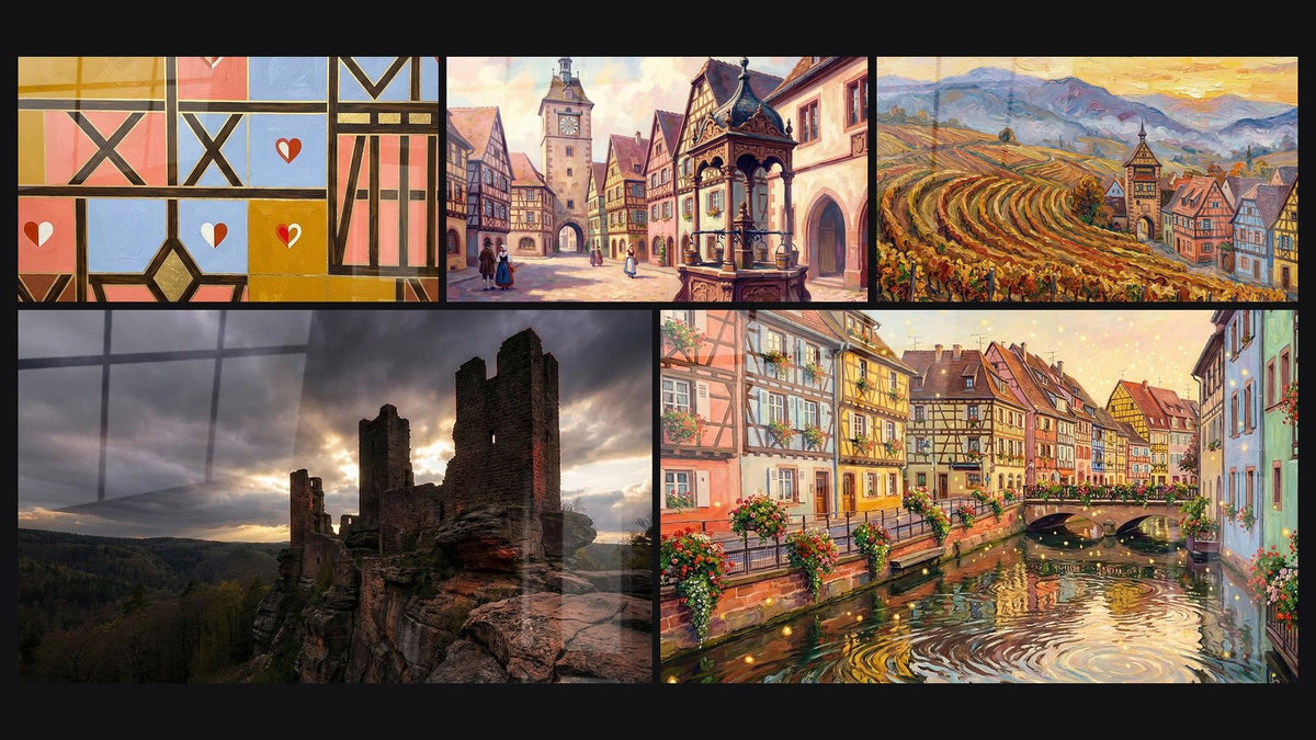 Mosaïque de cinq tableaux, dont Art Géométrique, Château en Ruines et Canal de Colmar