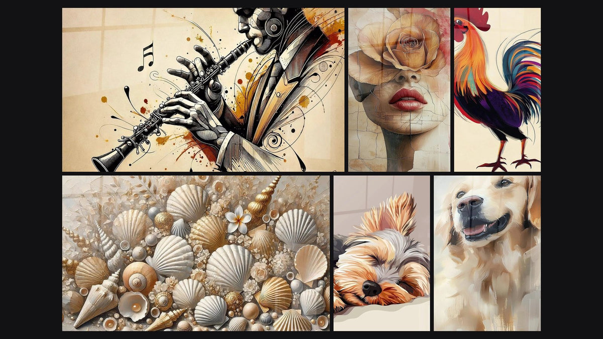 Mosaïque de six tableaux, dont Clarinette N°1, Joyaux des Sables et Beauté Fanée -Édition Visage Abstrait