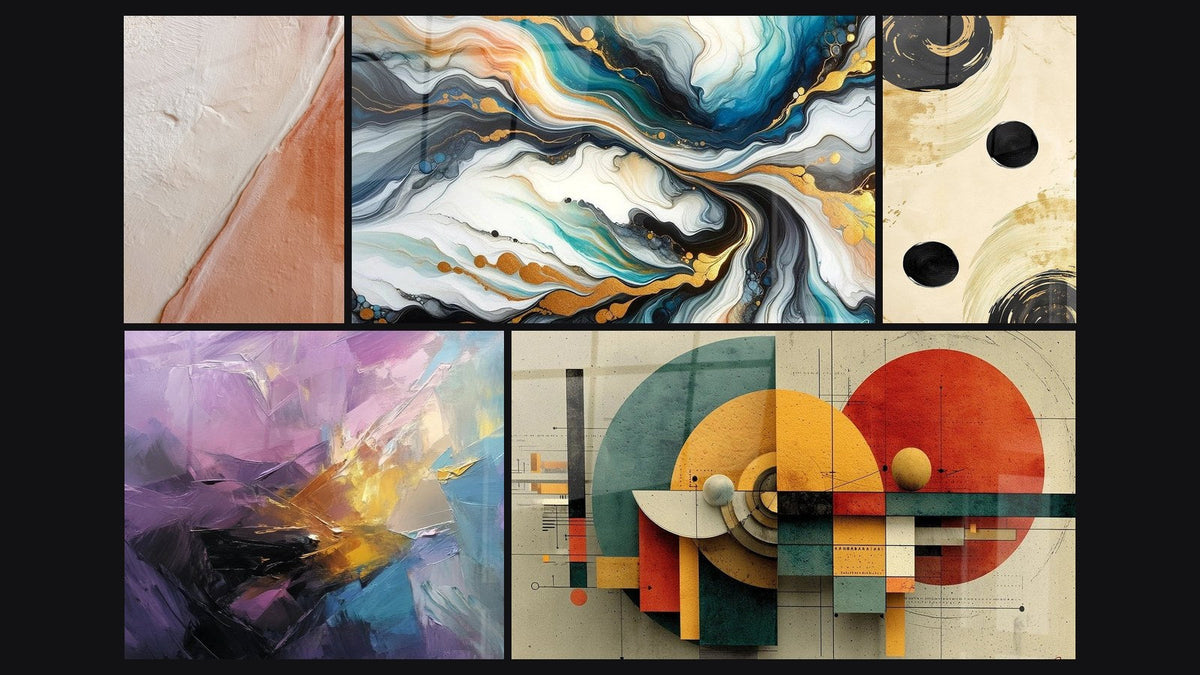 Mosaïque de cinq tableaux, dont Diagonale texturée blanc cassé et brique, Courants Colorés et Explosion colorée abstraite