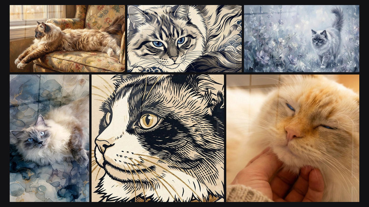 Mosaïque de six tableaux, dont Chat Ragdoll sur Fauteuil Fleuri, Chat Ragdoll Yeux Bleus et Chat Ragdoll Aquarelle