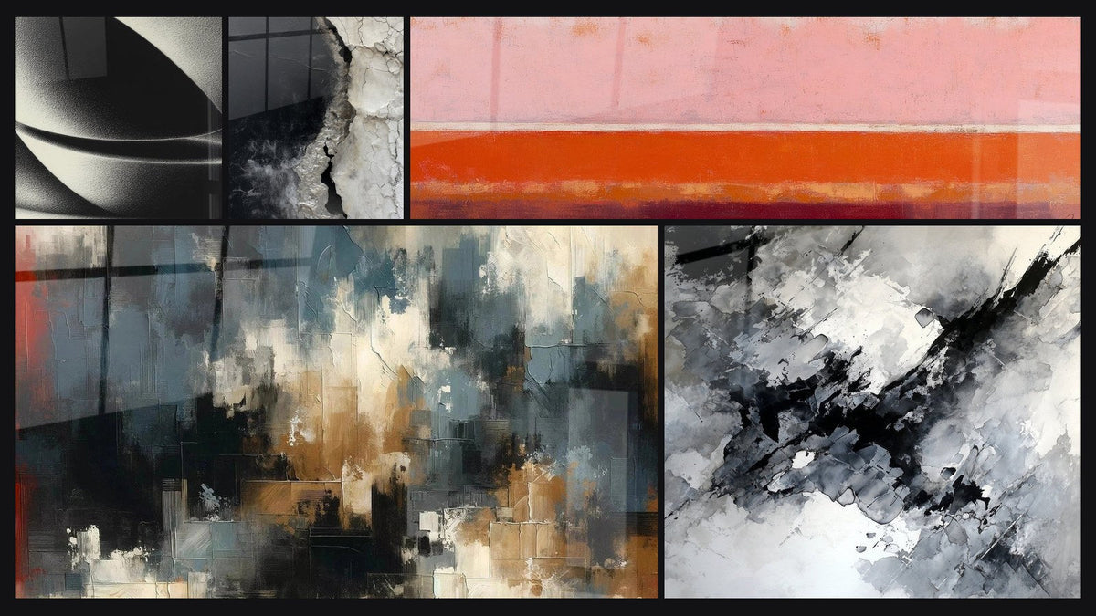 Mosaïque de cinq tableaux, dont Sphère abstraite et Chaos Organisé