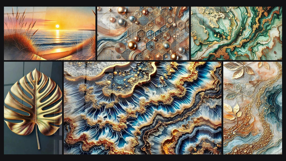 Mosaïque de six tableaux, dont Quand le Jour S’endort, Feuille Dorée et Mosaïque de Cuivre