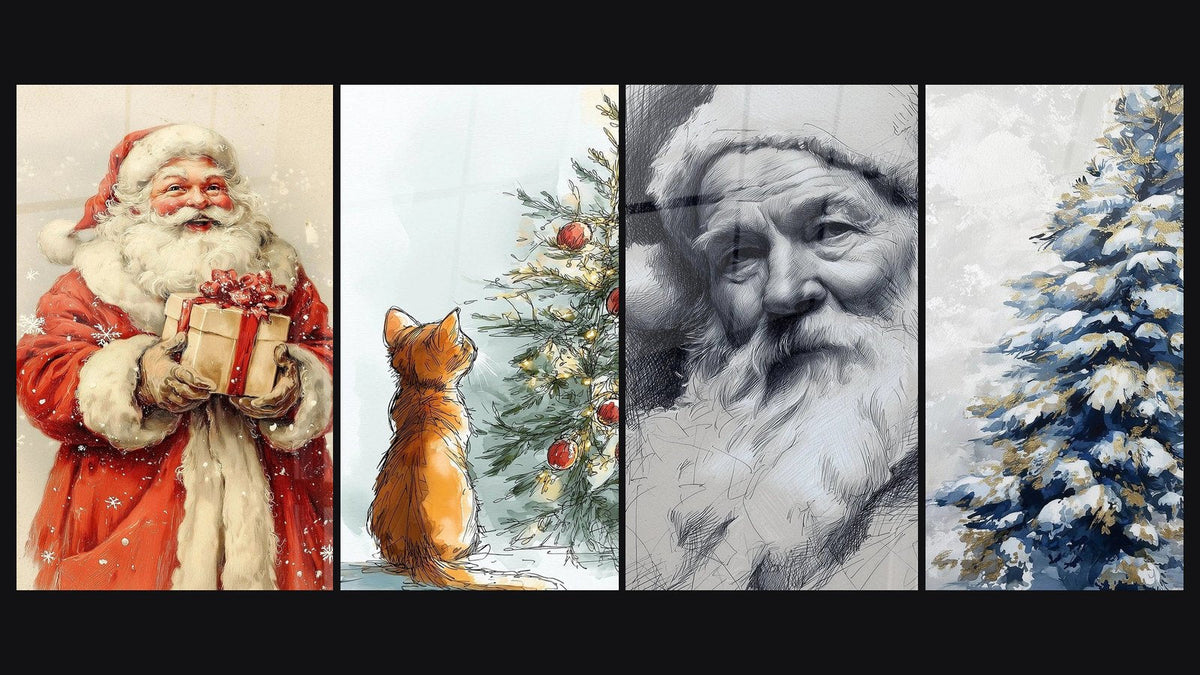 Mosaïque de quatre tableaux, dont Père-Noël Écrin de Générosité et Père-Noël Confident des Cœurs Purs