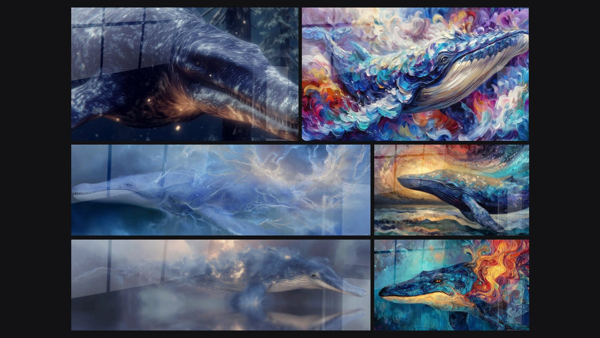 Mosaïque de six tableaux, dont Basilosaurus préhistorique, Baleine Majestueuse et Baleine colorée