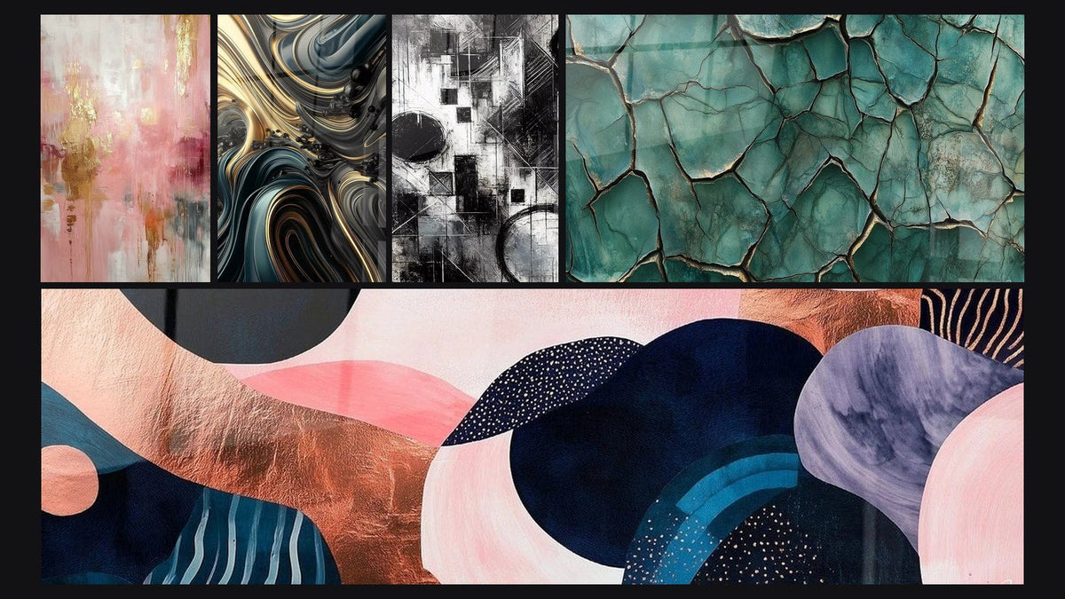 Mosaïque de cinq tableaux, dont Ondulations Opulentes, Fragments d’Absolu et Terre Fracturée