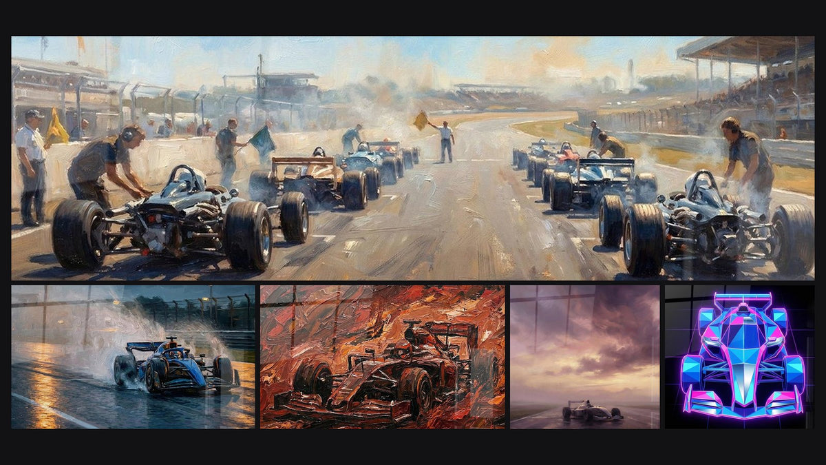 Mosaïque de cinq tableaux, dont Paddock F1 Vintage, Formule 1 sous la pluie et Monoplace F1 Rouge