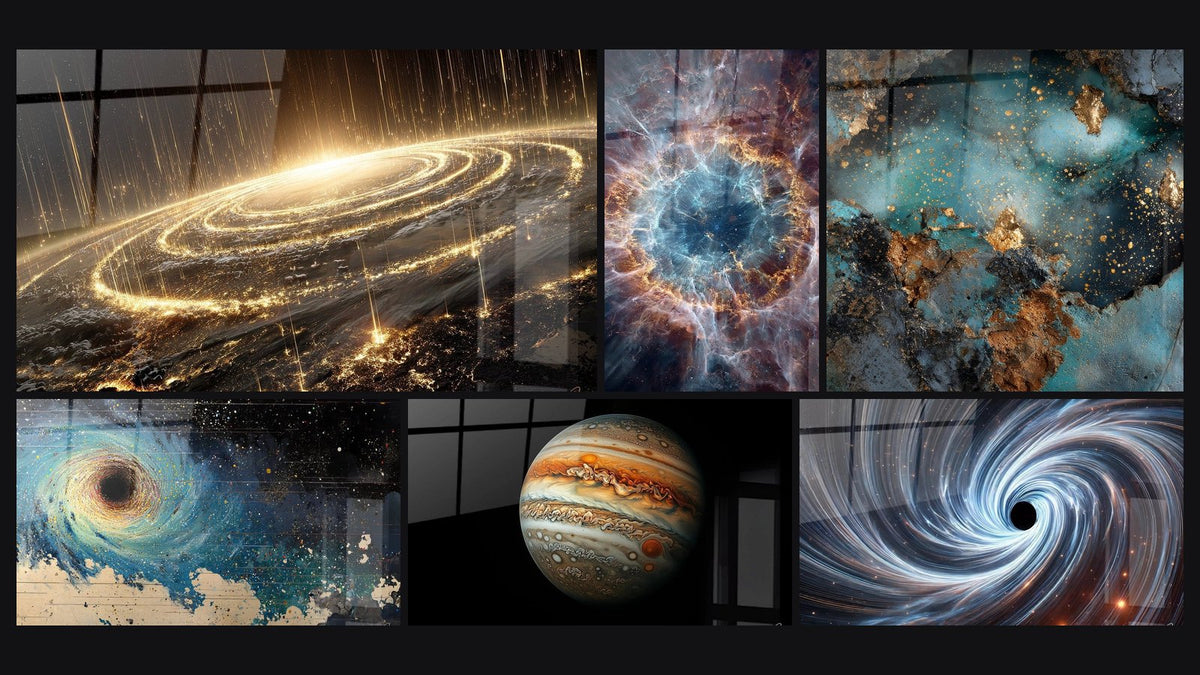 Mosaïque de six tableaux, dont Galaxie spirale cosmique, Nébuleuse spiralée et Trou noir cosmique