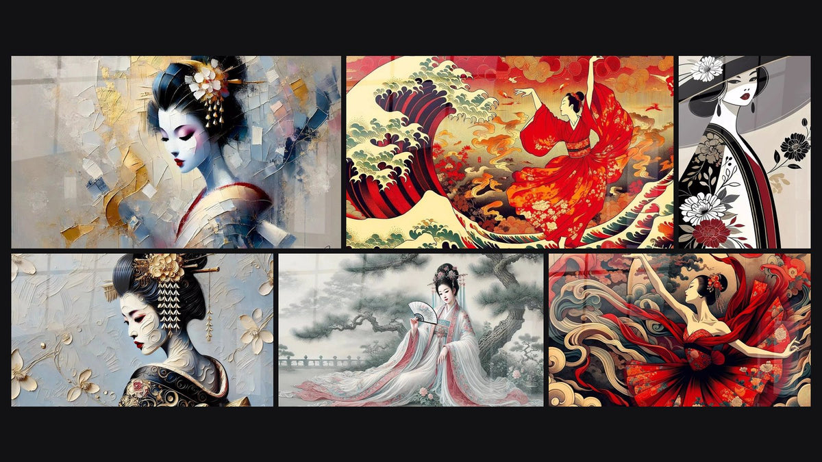 Mosaïque de six tableaux, dont Ornement de Tradition, Geisha en Fleur et Élégance Printanière
