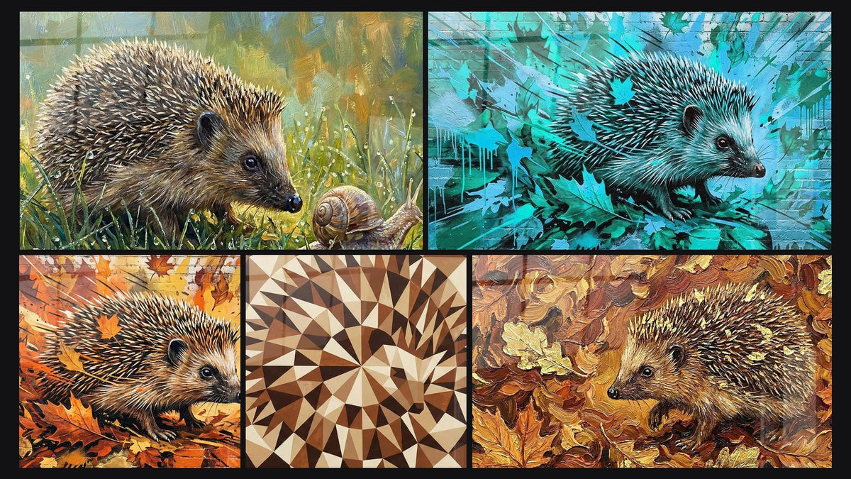 Mosaïque de cinq tableaux, dont Hérisson Facetté Origami Tons Chauds