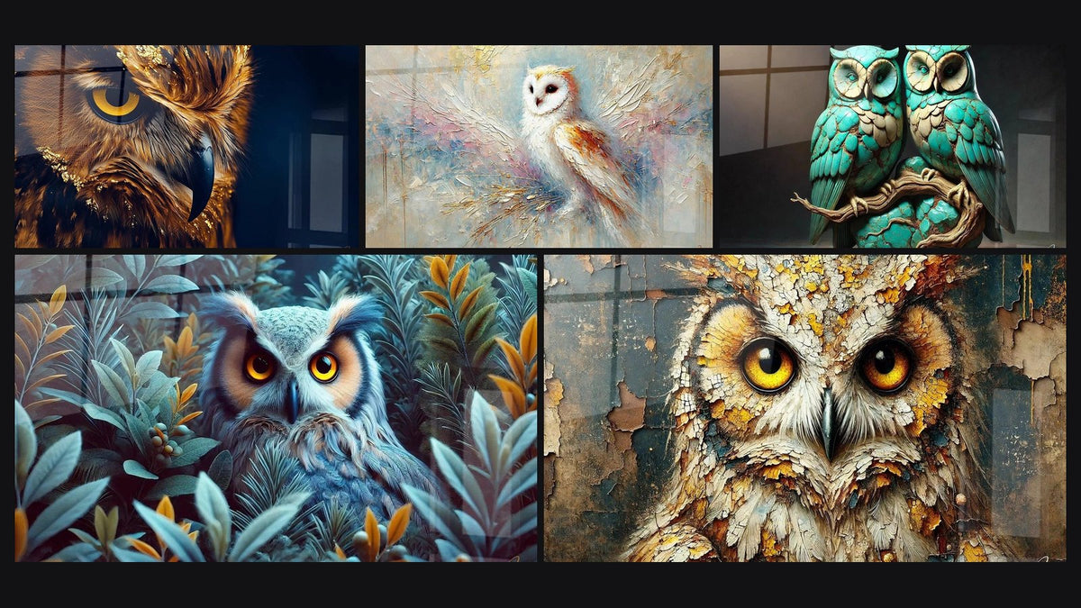 Mosaïque de cinq tableaux, dont Hibou maître du crépuscule, Veilleur des Brumes et L’âme du Bois