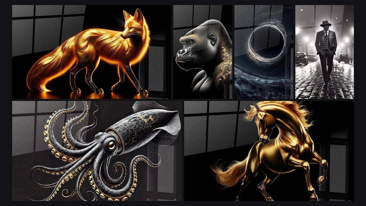 Mosaïque de six tableaux, dont Aura Mystique du Renard Doré, Noblesse Dorée du Gorille et Trou noir N°1