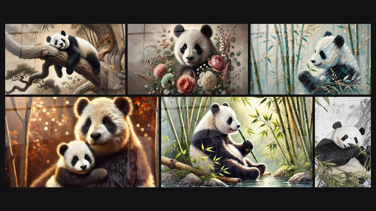 Mosaïque de six tableaux, dont Tranquillité dans la Forêt, Le Goût du Silence et Le Jardin du Panda