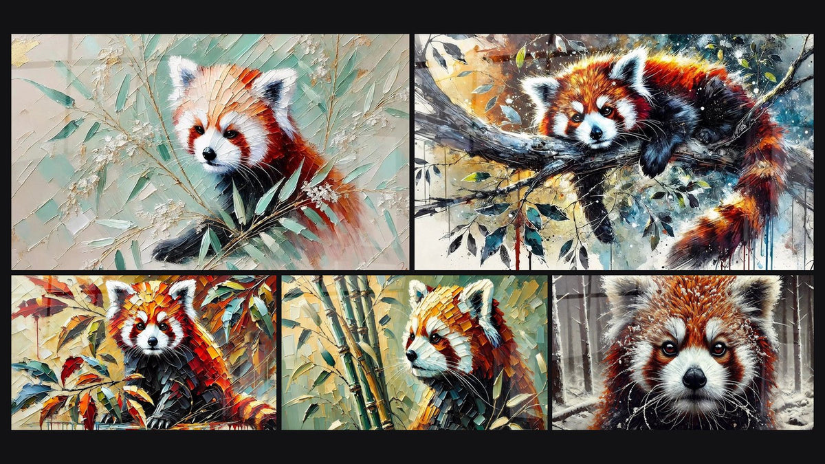Mosaïque de cinq tableaux, dont Douceur du Panda Roux, Tranquillité Écarlate et Rêverie dans la Verdure