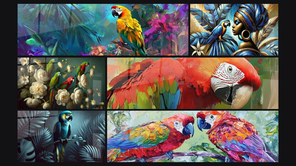 Mosaïque de six tableaux, dont Perroquet Magie tropicale, Dialogue d'Or et de Bleu et Jardin Exotique