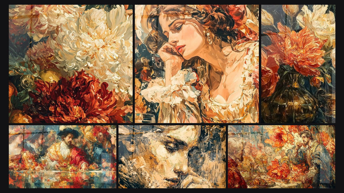 Mosaïque de six tableaux, dont Fleurs Exubérance Naturelle, Femme Raffinement Pictural et Banquet Festin Opulent