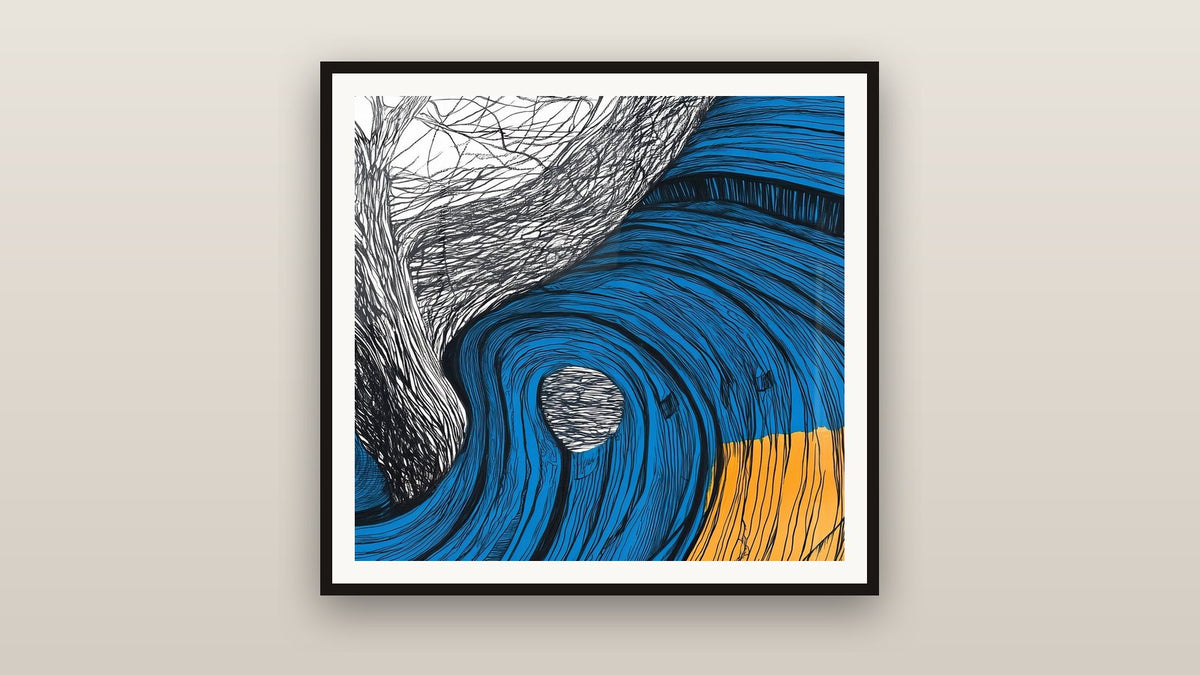 Tableau encadré sur un mur : Vague spirale bleue