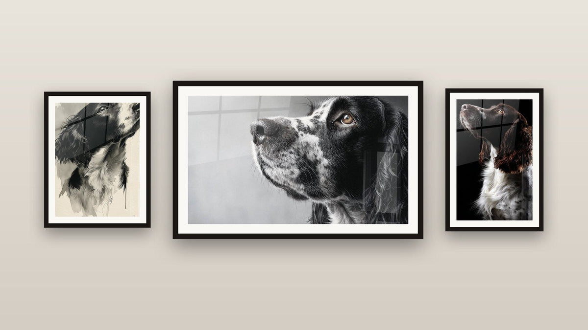 Mur de galerie avec trois tableaux encadrés, dont Chien Noir et Blanc au Regard Levé