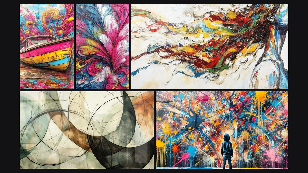 Mosaïque de cinq tableaux, dont Bateau coloré, Fleur abstraite multicolore et Muse Moderne