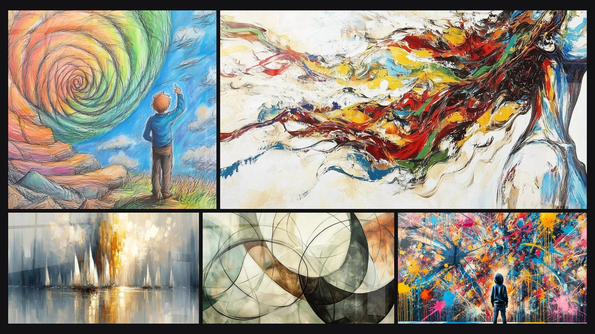 Mosaïque de cinq tableaux, dont Enfant contemplant spirale cosmique, Aurore sur la Baie et Muse Moderne