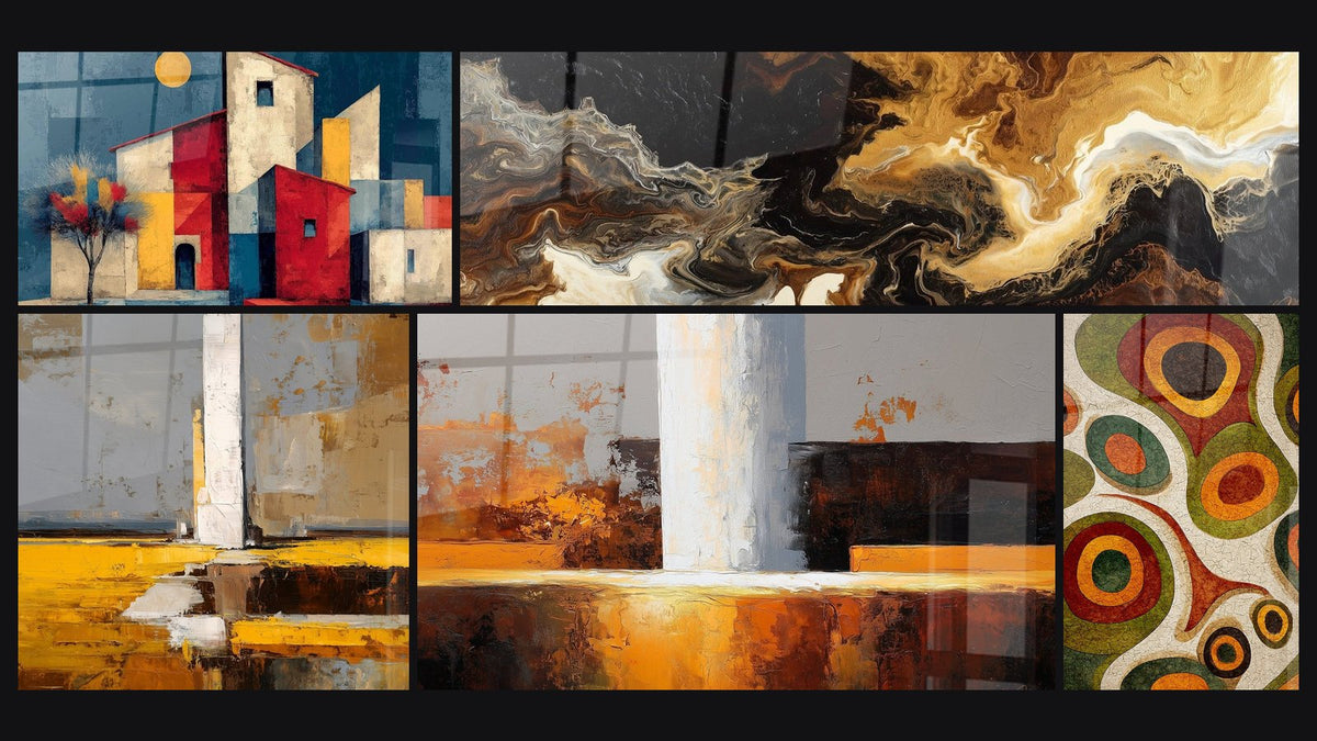 Mosaïque de cinq tableaux, dont Village Terres d'argile sous l'astre doré et Abstrait tourbillons dorés et noirs