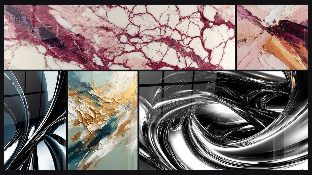 Mosaïque de cinq tableaux, dont Veines pourpres et crème sur fond écru, Spirale métallique chromée et Flux et Reflux Doré