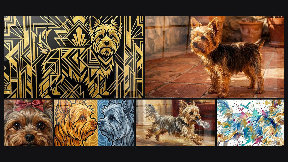 Mosaïque de six tableaux, dont Chien Doré Art Déco Géométrique et Yorkshire Terrier au Nœud Bordeaux