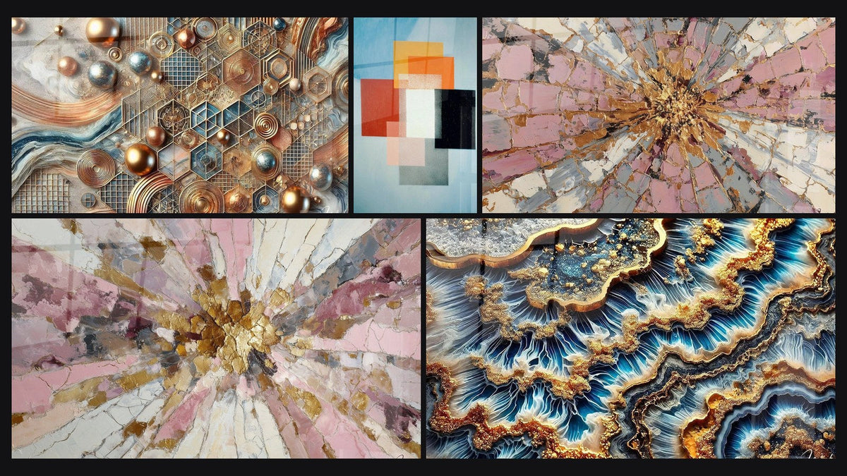 Mosaïque de cinq tableaux, dont Mosaïque de Cuivre, Formes Géométriques Contraste Fonctionnel et Marée Dorée