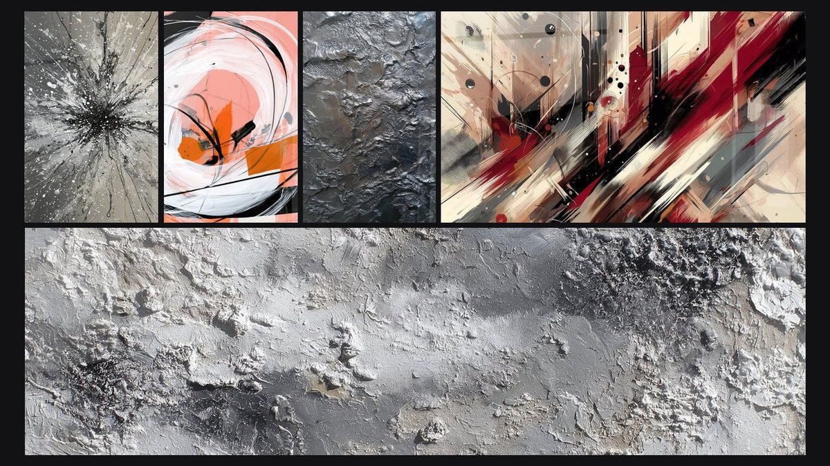 Mosaïque de cinq tableaux, dont Spirale blanche et corail aux traits noirs et Turbulence Artistique