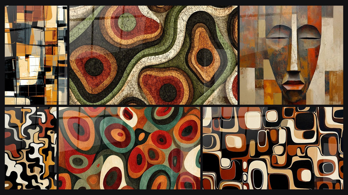 Mosaïque de six tableaux, dont Abstrait géométrique, Formes Organiques et Motifs Organiques