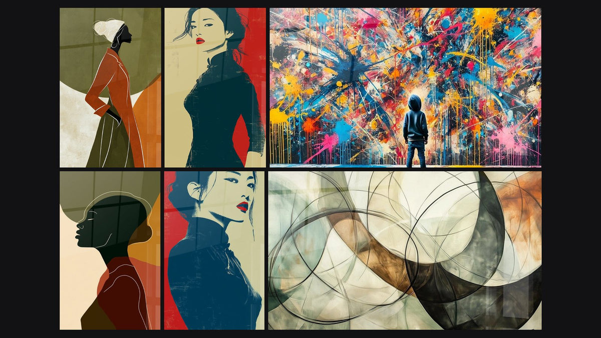 Mosaïque de six tableaux, dont Silhouette de profil vert olive et ocre et Femme rouge et bleu marine profil