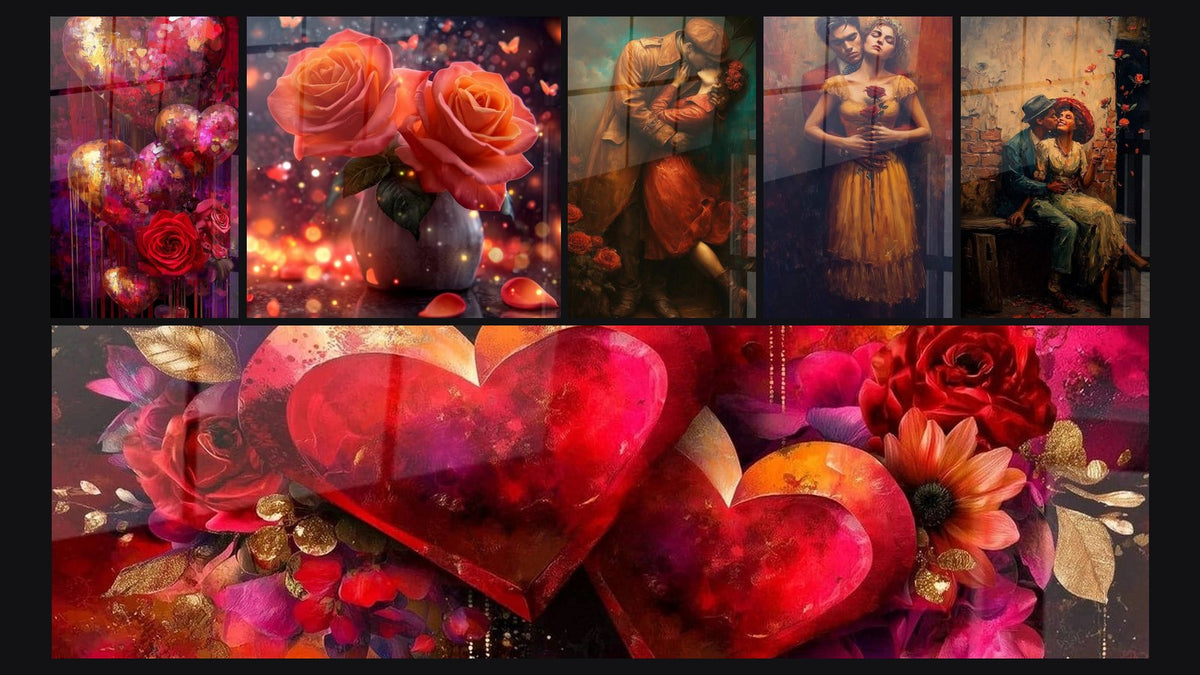 Mosaïque de six tableaux, dont Cœur Philtre d'Amour, Roses Éternelles Passion et Couple La Valse des Cœurs Enlacés