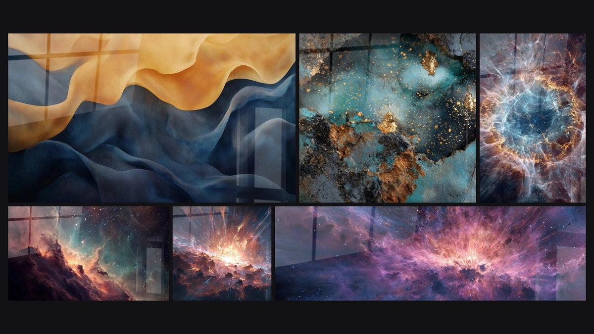 Mosaïque de six tableaux, dont Épanouissement Soyeux, Nébuleuse stellaire et Galaxie abstraite