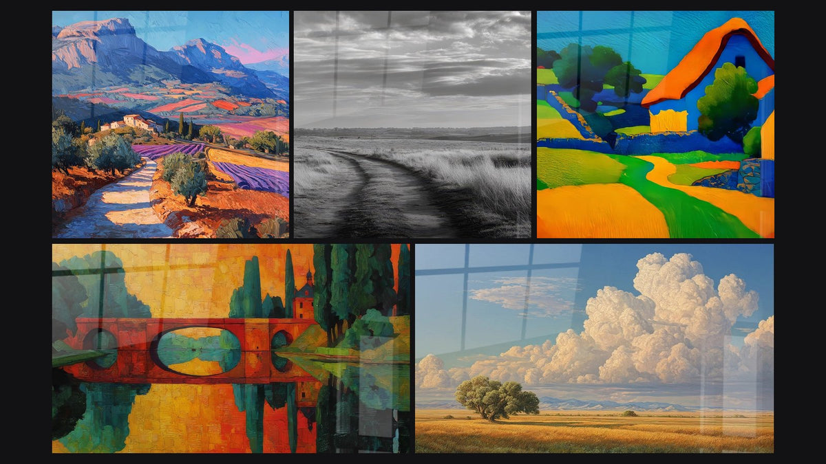 Mosaïque de cinq tableaux, dont Paysage provençal, Pont de campagne et Chemin rural en noir et blanc