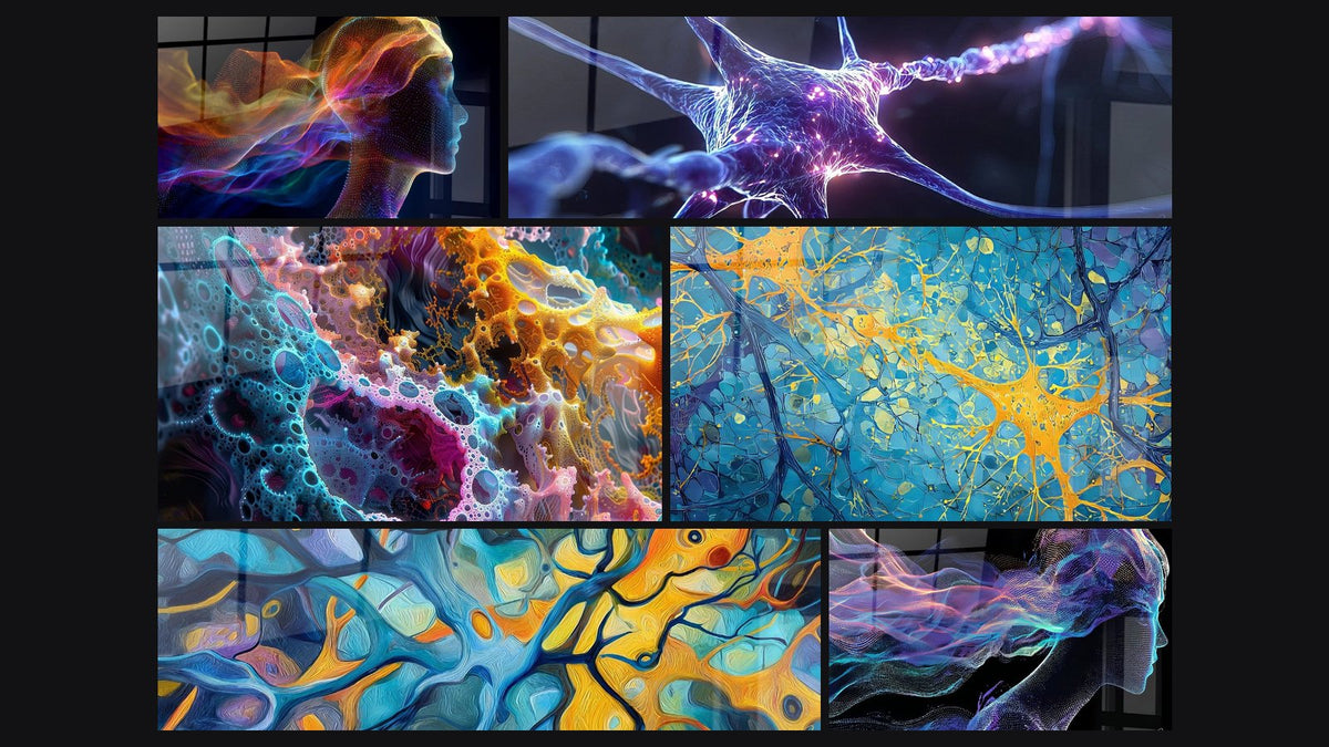 Mosaïque de six tableaux, dont Profil féminin digital, Connexions Synaptiques et Neurone lumineux